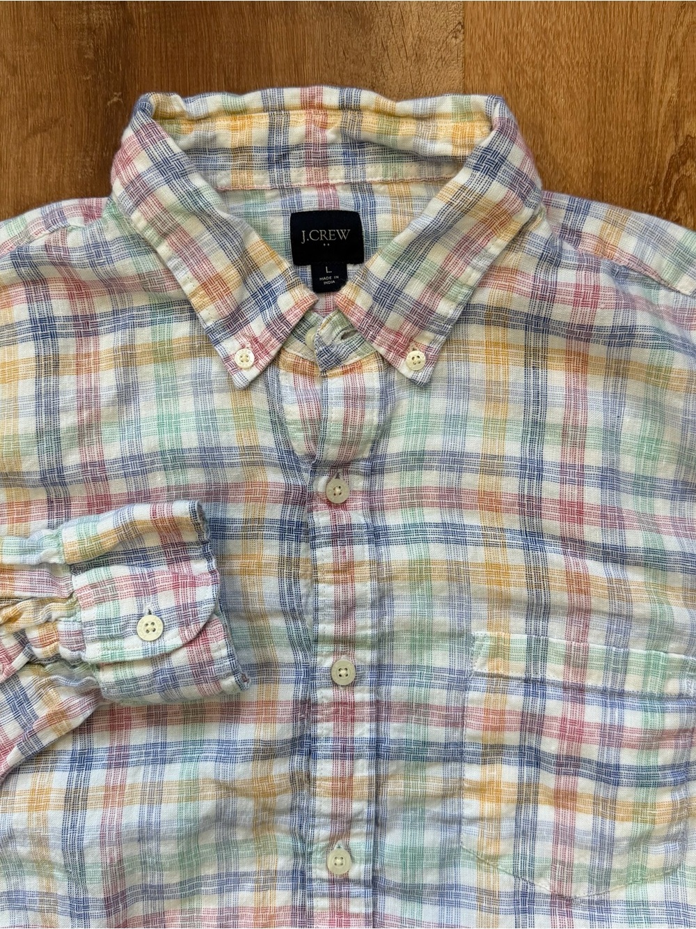 J. Crew Button Down Linen Blend Shirt Mens M Long Sleeve Colorful Plaid Coastal